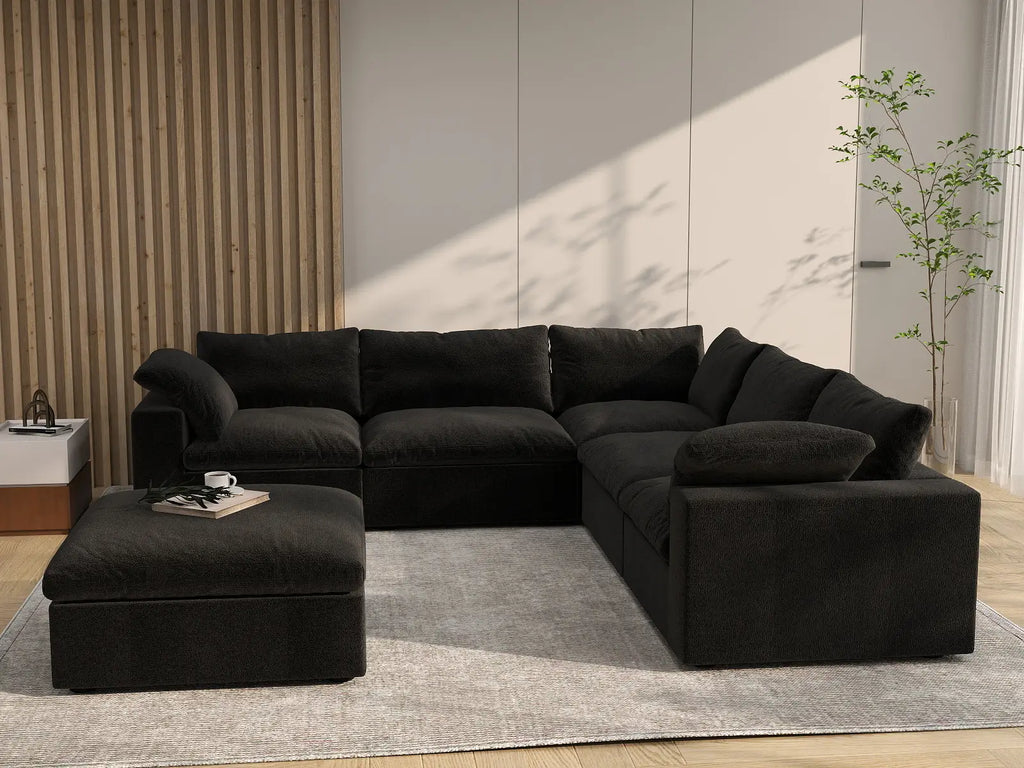 Deluxe Cloud 5-Seater Black Storage Sofa Set | 6-Piece (includes 1 Ottoman), Cotton and Linen Fabric, Washable Covers
