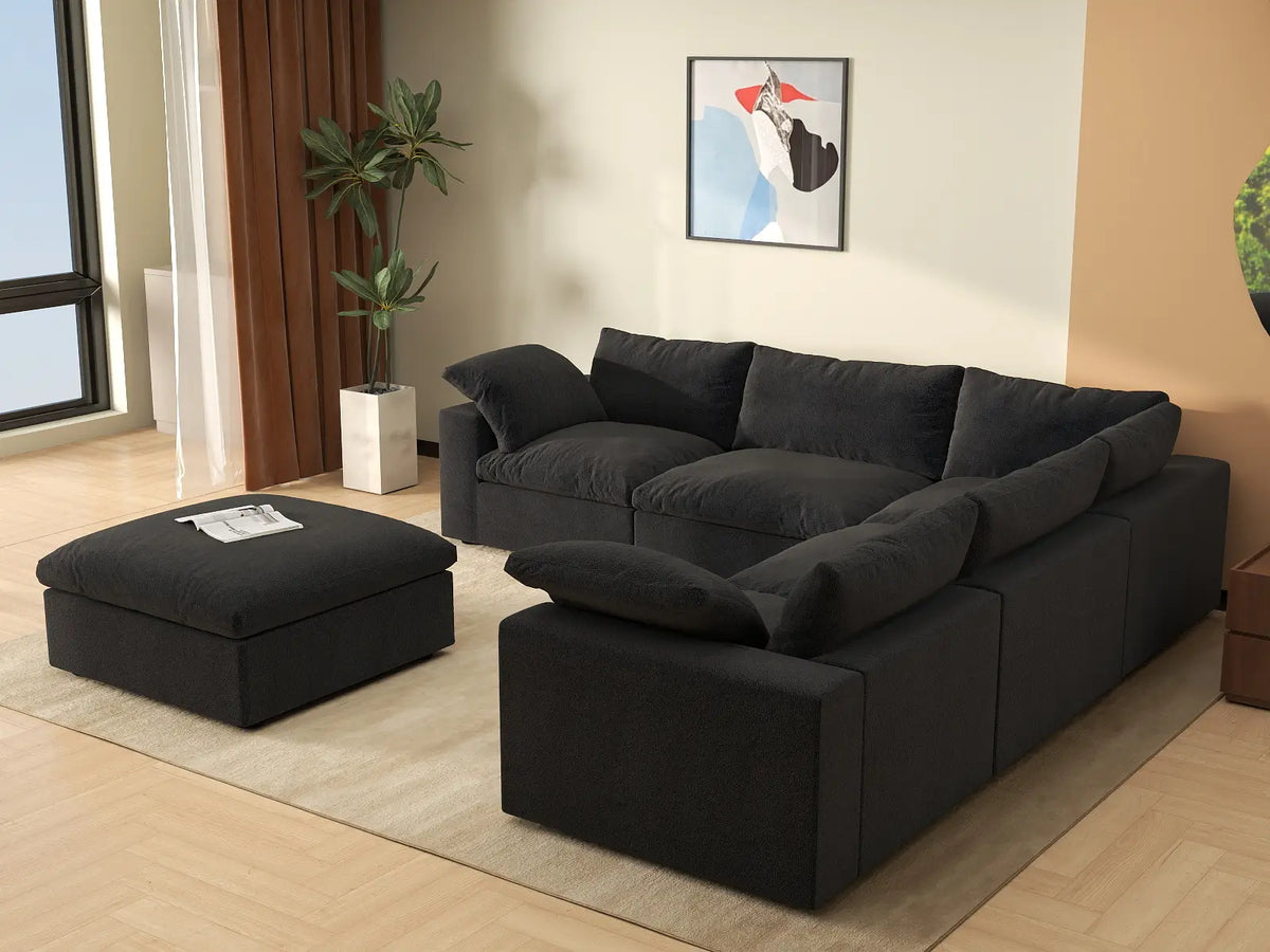 Deluxe Cloud 5-Seater Black Storage Sofa Set | 6-Piece (includes 1 Ottoman), Cotton and Linen Fabric, Washable Covers