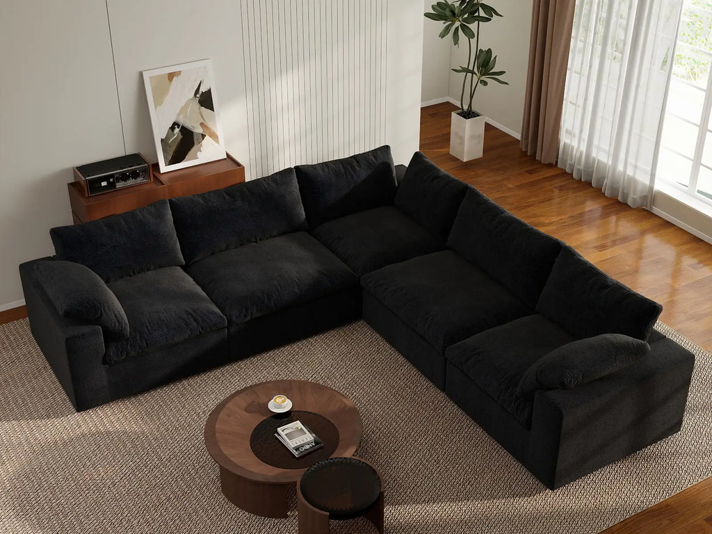 Deluxe Cloud 5-Seater Black Storage Sofa Set | 6-Piece (includes 1 Ottoman), Cotton and Linen Fabric, Washable Covers