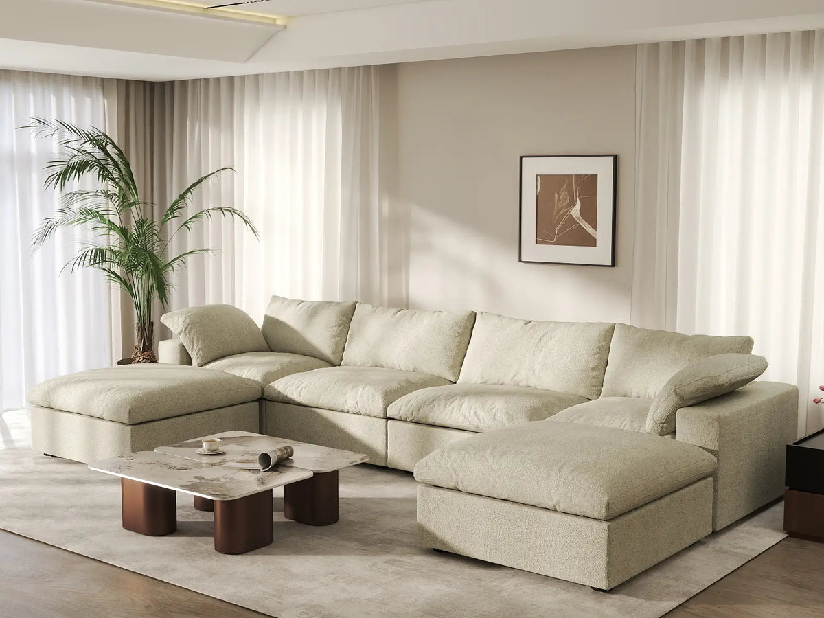 Deluxe Cloud 4-Seater Khaki Storage U-Shaped Sectional | 6-Piece (includes 2 Ottomans), Cotton and Linen Fabric, Washable Covers