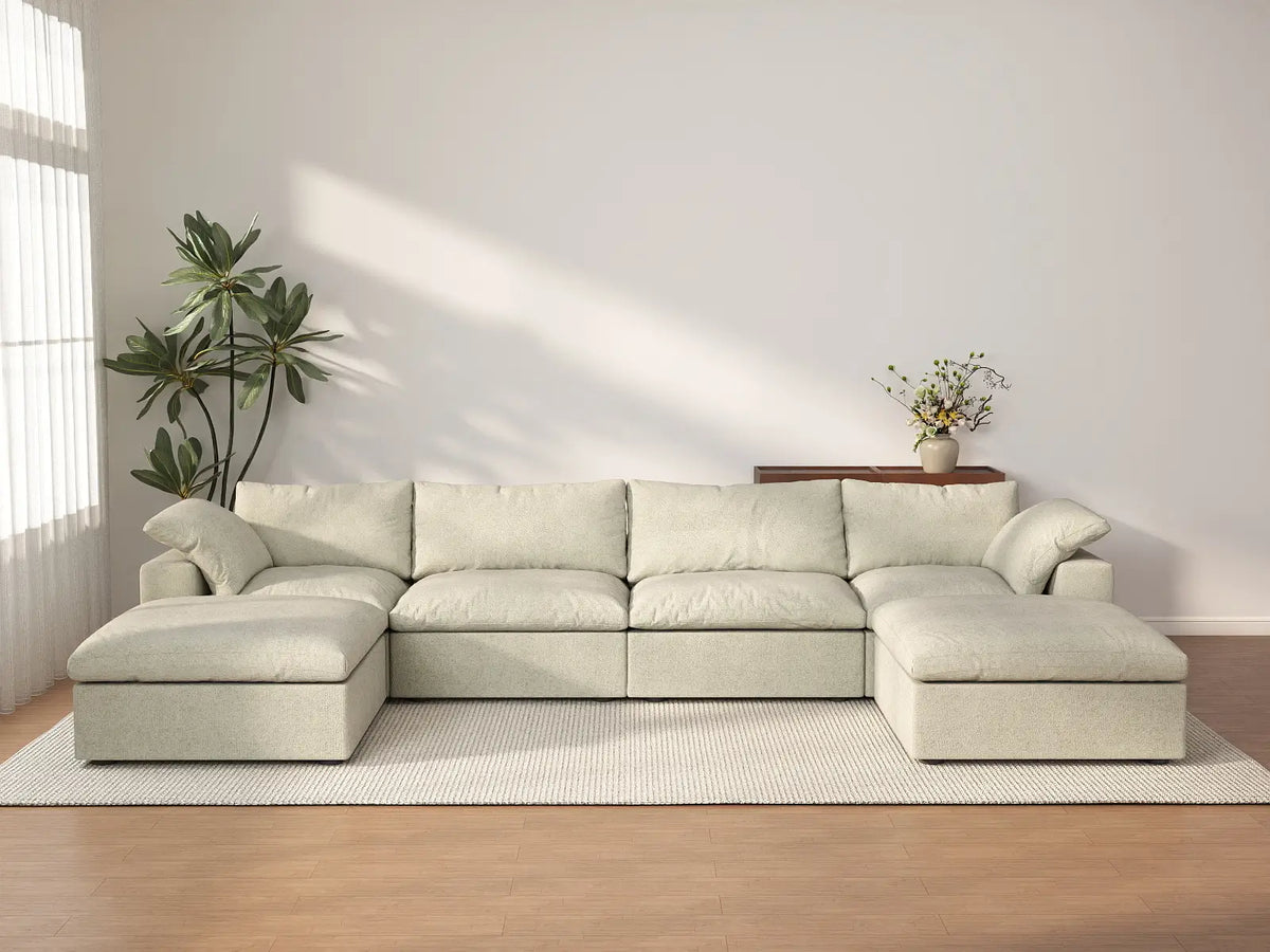 Deluxe Cloud 4-Seater Khaki Storage U-Shaped Sectional | 6-Piece (includes 2 Ottomans), Cotton and Linen Fabric, Washable Covers