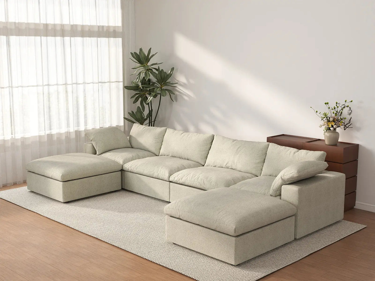Deluxe Cloud 4-Seater Khaki Storage U-Shaped Sectional | 6-Piece (includes 2 Ottomans), Cotton and Linen Fabric, Washable Covers