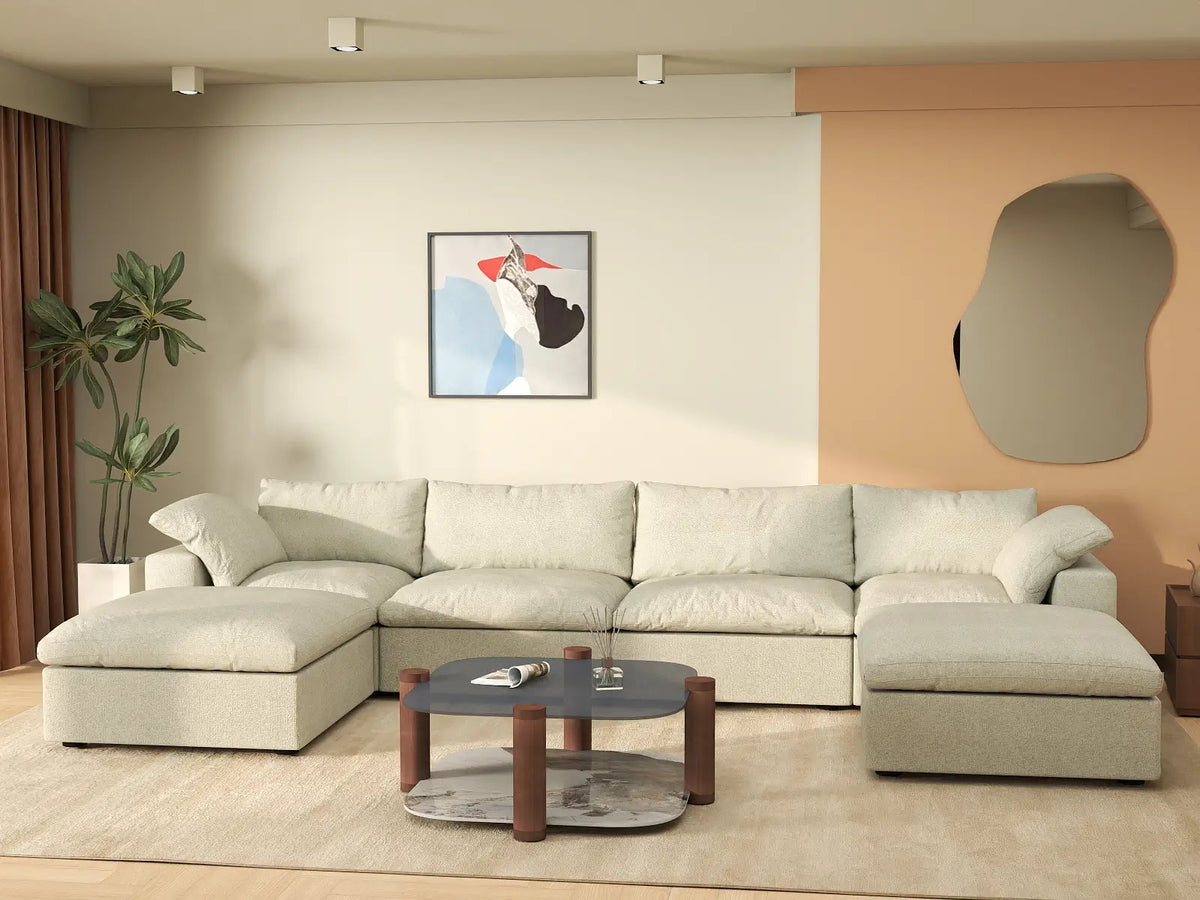 Deluxe Cloud 4-Seater Khaki Storage U-Shaped Sectional | 6-Piece (includes 2 Ottomans), Cotton and Linen Fabric, Washable Covers
