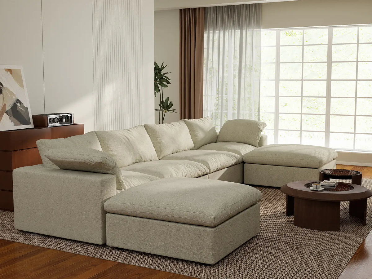 Deluxe Cloud 4-Seater Khaki Storage U-Shaped Sectional | 6-Piece (includes 2 Ottomans), Cotton and Linen Fabric, Washable Covers