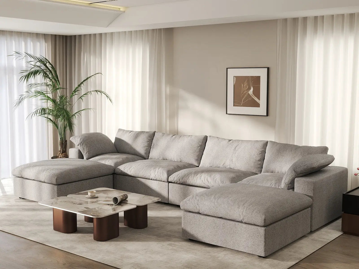 Deluxe Cloud 4-Seater Light-Grey Storage U-Shaped Sectional | 6-Piece (includes 2 Ottomans), Cotton and Linen Fabric, Washable Covers