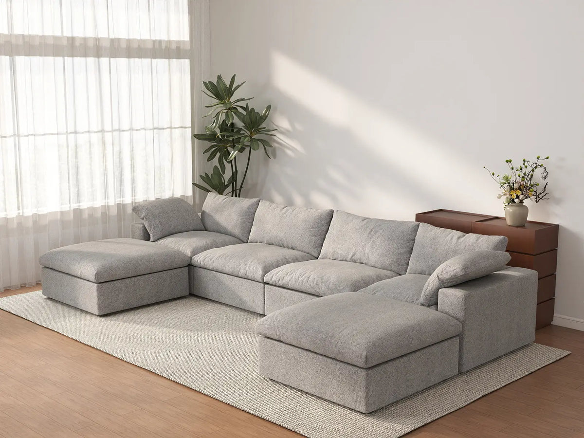Deluxe Cloud 4-Seater Light-Grey Storage U-Shaped Sectional | 6-Piece (includes 2 Ottomans), Cotton and Linen Fabric, Washable Covers