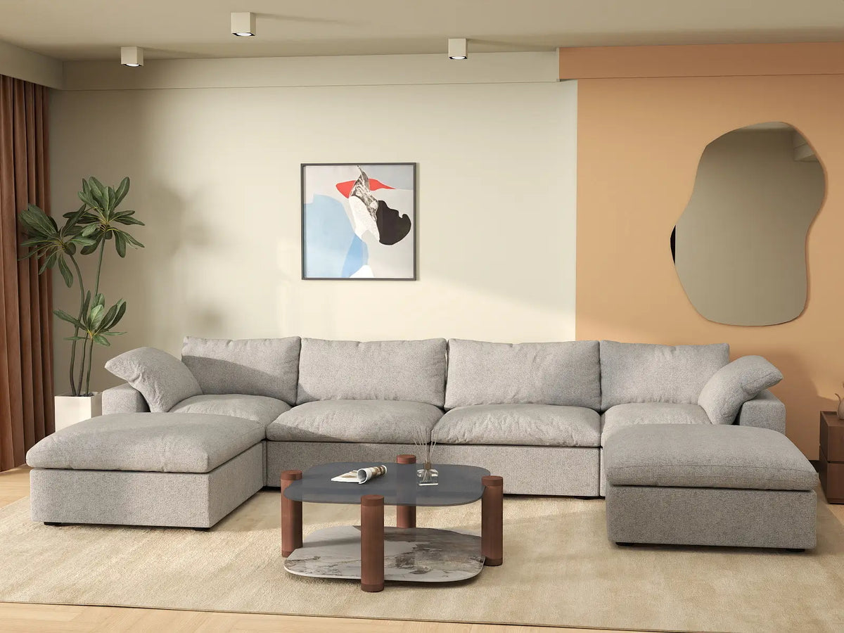 Deluxe Cloud 4-Seater Light-Grey Storage U-Shaped Sectional | 6-Piece (includes 2 Ottomans), Cotton and Linen Fabric, Washable Covers