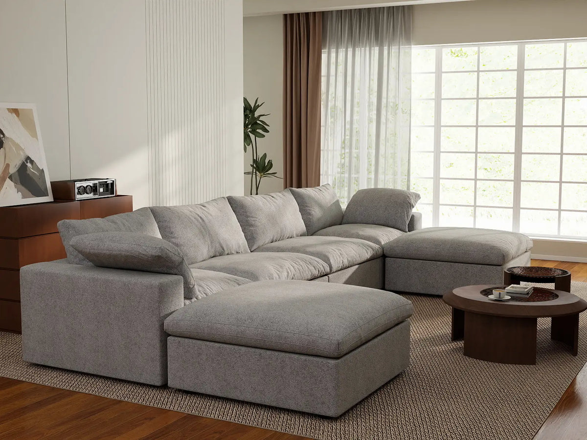 Deluxe Cloud 4-Seater Light-Grey Storage U-Shaped Sectional | 6-Piece (includes 2 Ottomans), Cotton and Linen Fabric, Washable Covers