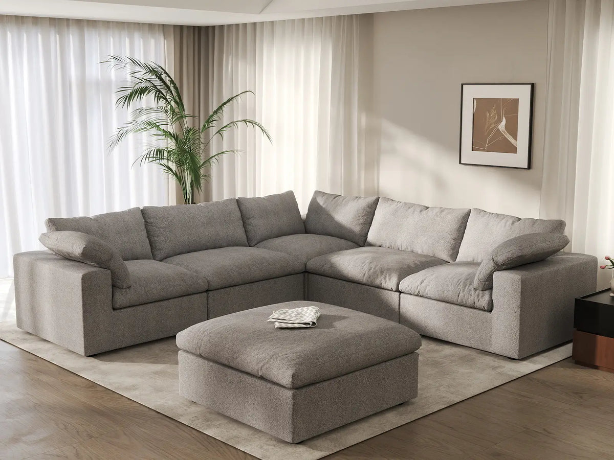 Deluxe Cloud 5-Seater Light-Grey Storage Sofa Set | 6-Piece (includes 1 Ottoman), Cotton and Linen Fabric, Washable Covers