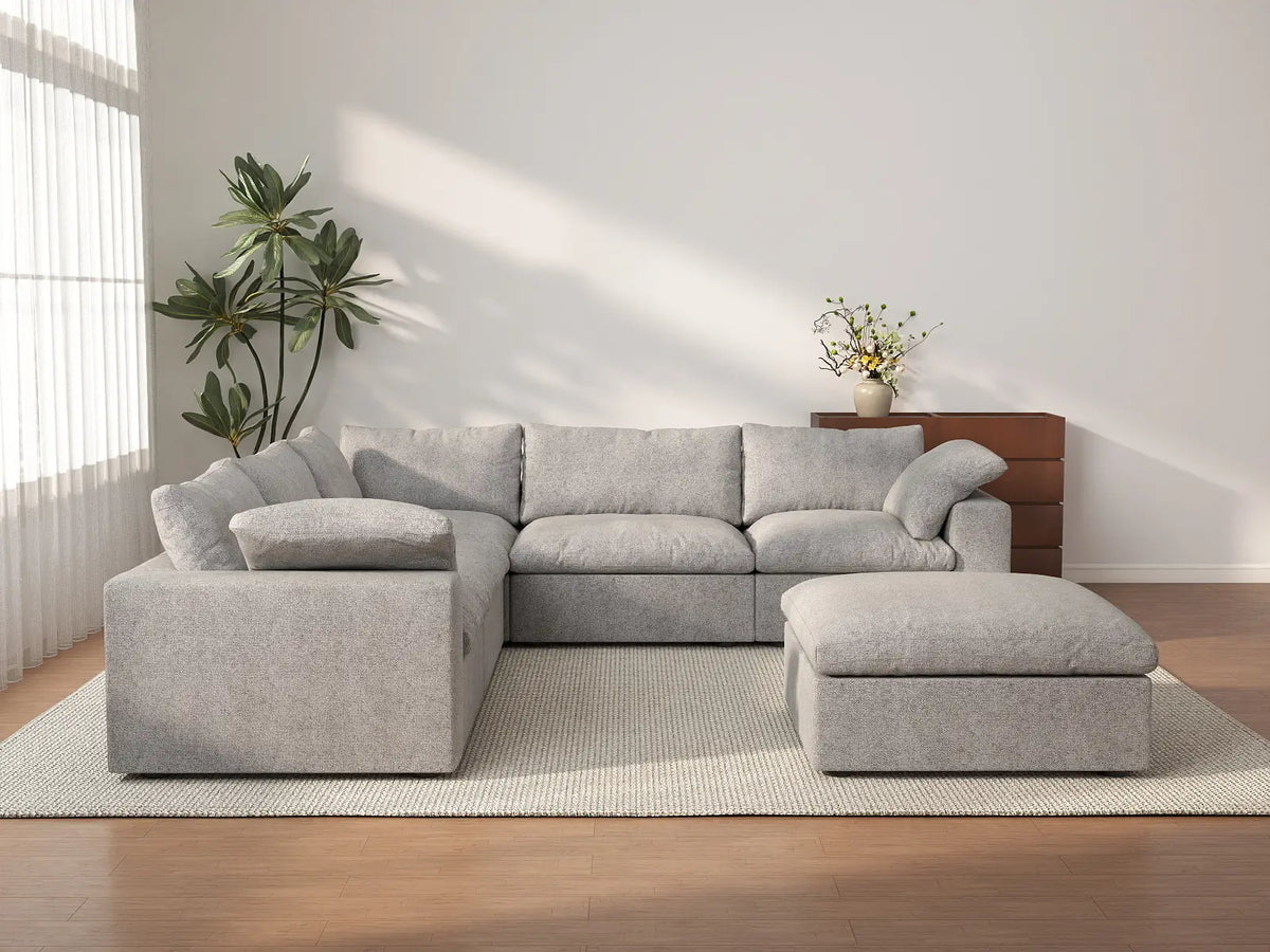 Deluxe Cloud 5-Seater Light-Grey Storage Sofa Set | 6-Piece (includes 1 Ottoman), Cotton and Linen Fabric, Washable Covers