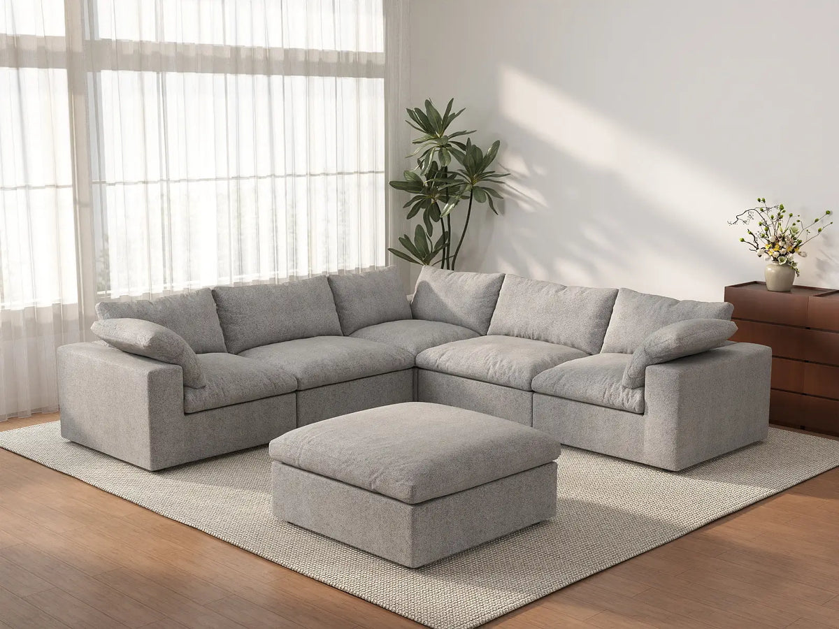 Deluxe Cloud 5-Seater Light-Grey Storage Sofa Set | 6-Piece (includes 1 Ottoman), Cotton and Linen Fabric, Washable Covers
