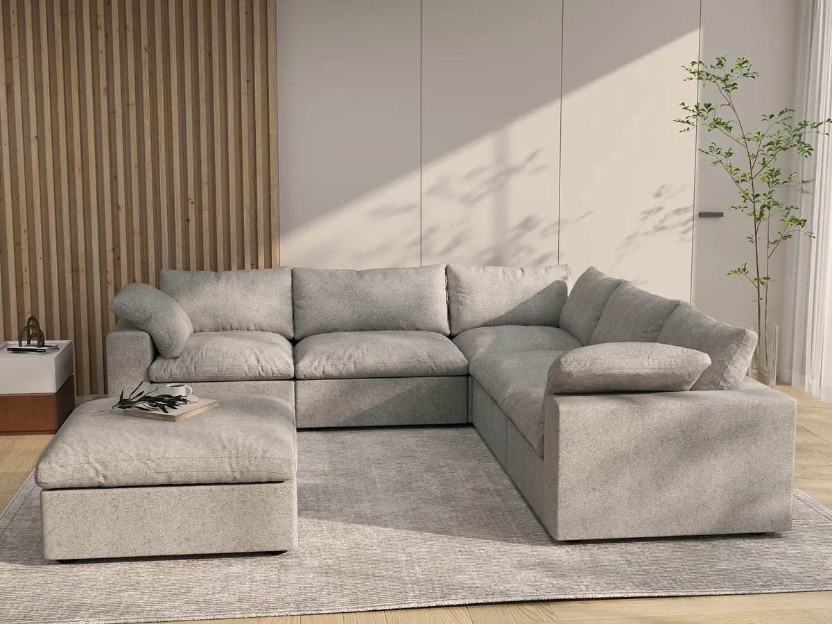 Deluxe Cloud 5-Seater Light-Grey Storage Sofa Set | 6-Piece (includes 1 Ottoman), Cotton and Linen Fabric, Washable Covers
