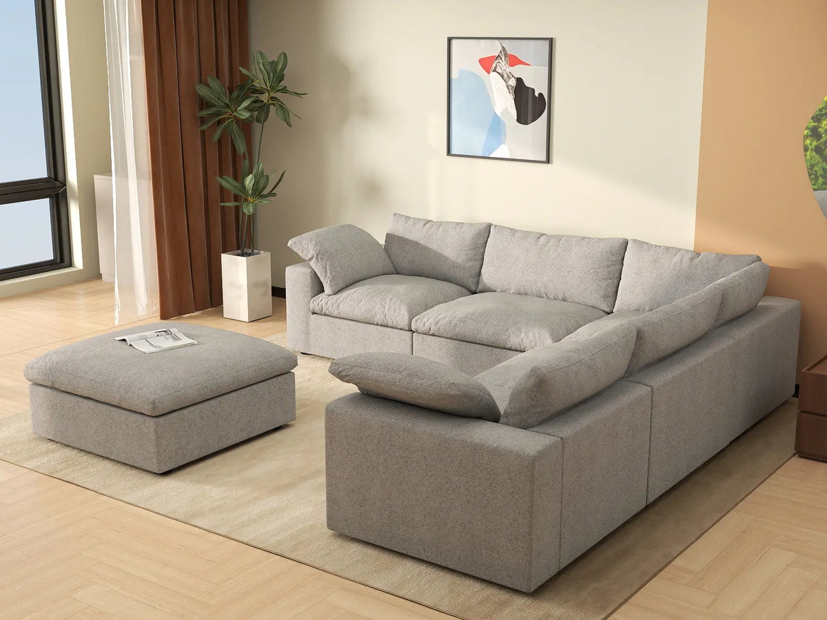 Deluxe Cloud 5-Seater Light-Grey Storage Sofa Set | 6-Piece (includes 1 Ottoman), Cotton and Linen Fabric, Washable Covers