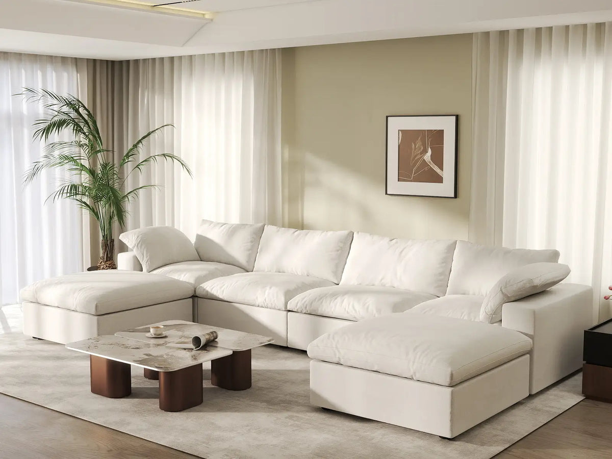 Deluxe Cloud 4-Seater White Storage U-Shaped Sectional | 6-Piece (includes 2 Ottomans), Cotton and Linen Fabric, Washable Covers