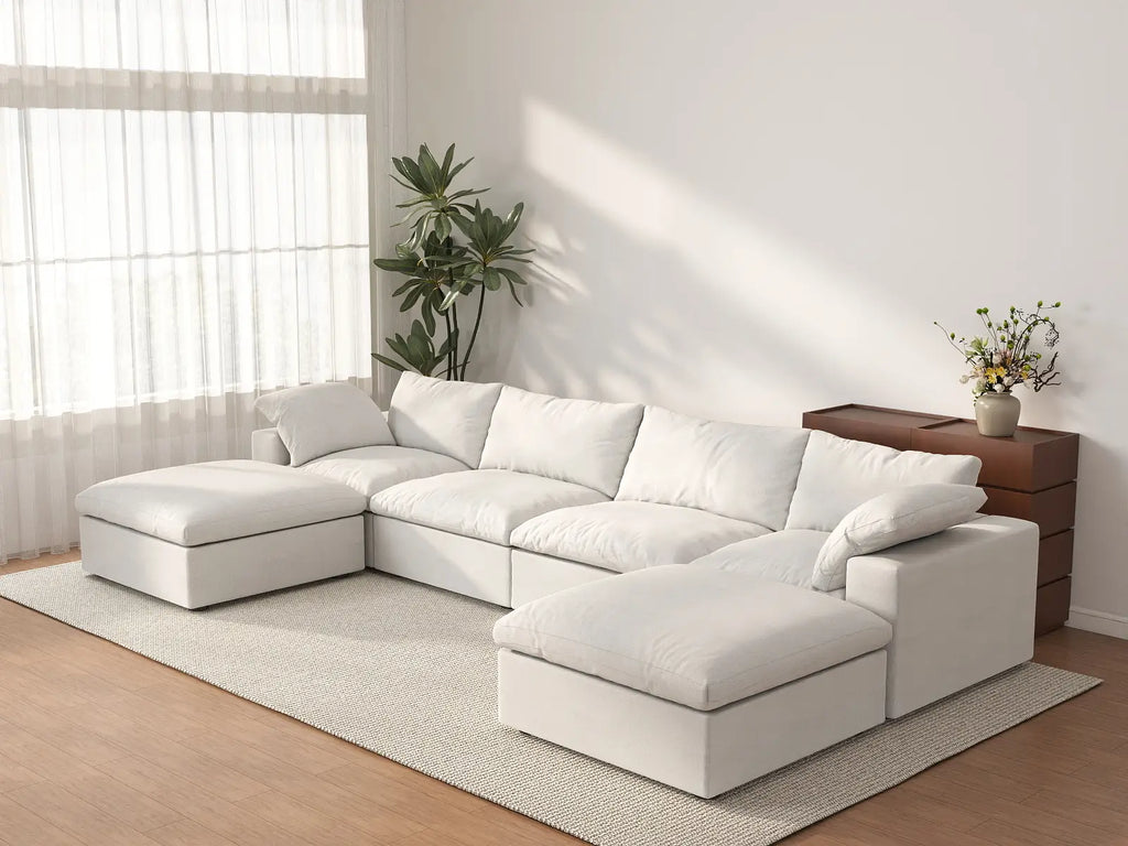 Deluxe Cloud 4-Seater White Storage U-Shaped Sectional | 6-Piece (includes 2 Ottomans), Cotton and Linen Fabric, Washable Covers