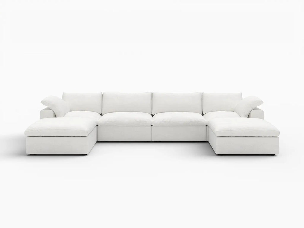Deluxe Cloud 4-Seater White Storage U-Shaped Sectional | 6-Piece (includes 2 Ottomans), Cotton and Linen Fabric, Washable Covers