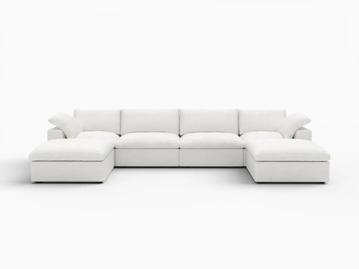 Deluxe Cloud 4-Seater White Storage U-Shaped Sectional | 6-Piece (includes 2 Ottomans), Cotton and Linen Fabric, Washable Covers