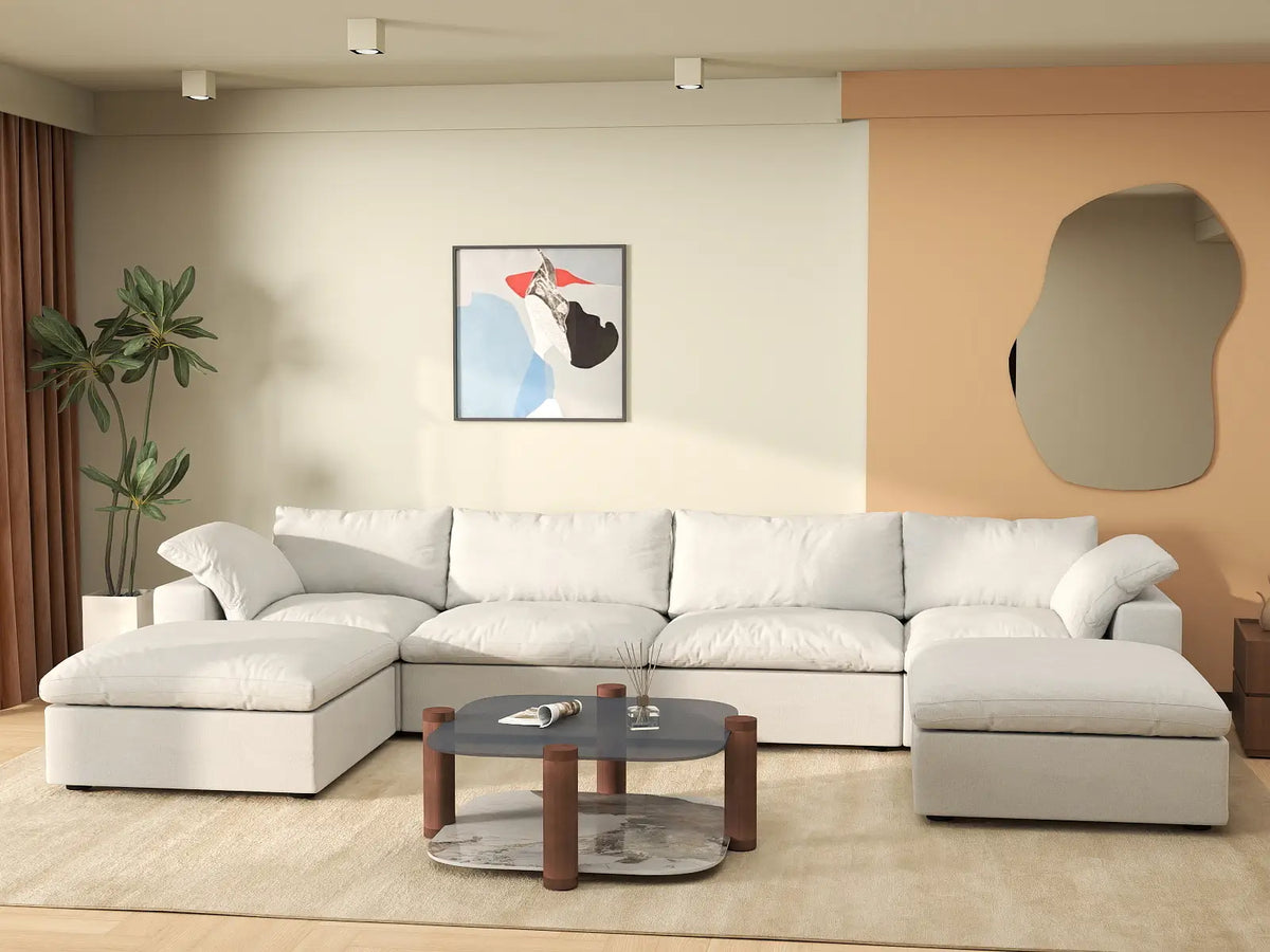 Deluxe Cloud 4-Seater White Storage U-Shaped Sectional | 6-Piece (includes 2 Ottomans), Cotton and Linen Fabric, Washable Covers