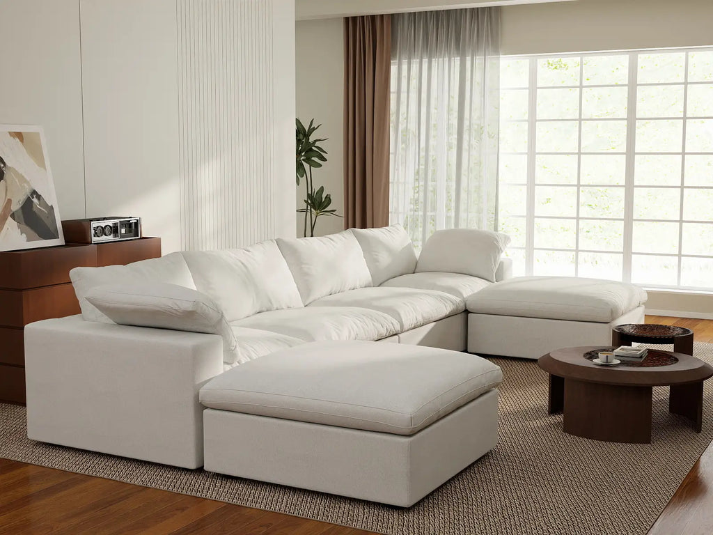 Deluxe Cloud 4-Seater White Storage U-Shaped Sectional | 6-Piece (includes 2 Ottomans), Cotton and Linen Fabric, Washable Covers