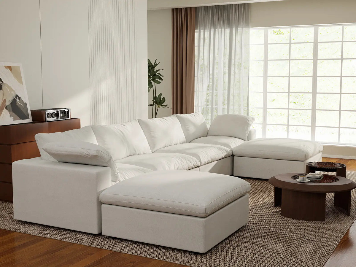 Deluxe Cloud 4-Seater White Storage U-Shaped Sectional | 6-Piece (includes 2 Ottomans), Cotton and Linen Fabric, Washable Covers