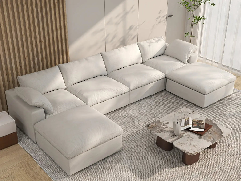 Deluxe Cloud 4-Seater White Storage U-Shaped Sectional | 6-Piece (includes 2 Ottomans), Cotton and Linen Fabric, Washable Covers