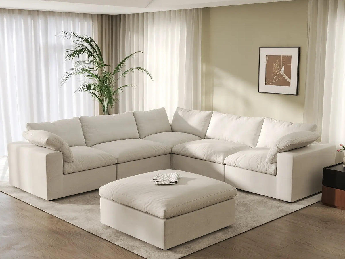 Deluxe Cloud 5-Seater White Storage Sofa Set | 6-Piece (includes 1 Ottoman), Cotton and Linen Fabric, Washable Covers