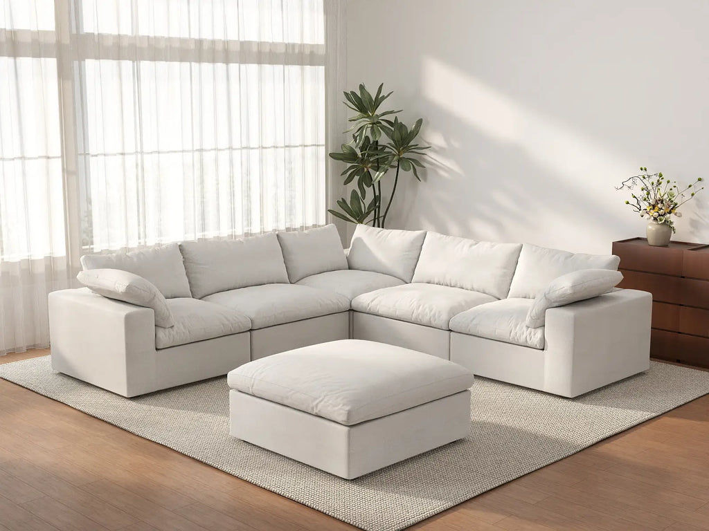 Deluxe Cloud 5-Seater White Storage Sofa Set | 6-Piece (includes 1 Ottoman), Cotton and Linen Fabric, Washable Covers