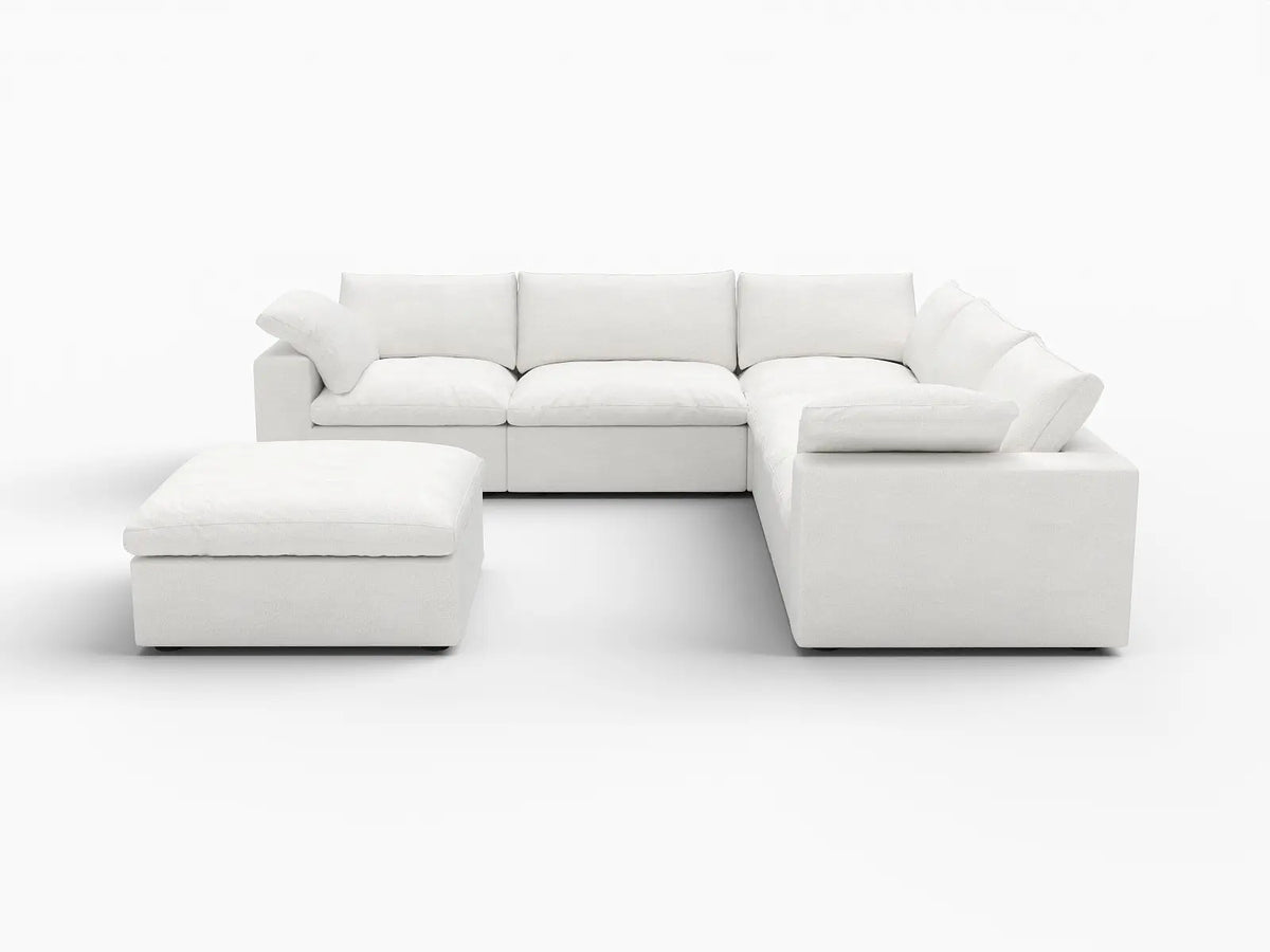 Deluxe Cloud 5-Seater White Storage Sofa Set | 6-Piece (includes 1 Ottoman), Cotton and Linen Fabric, Washable Covers