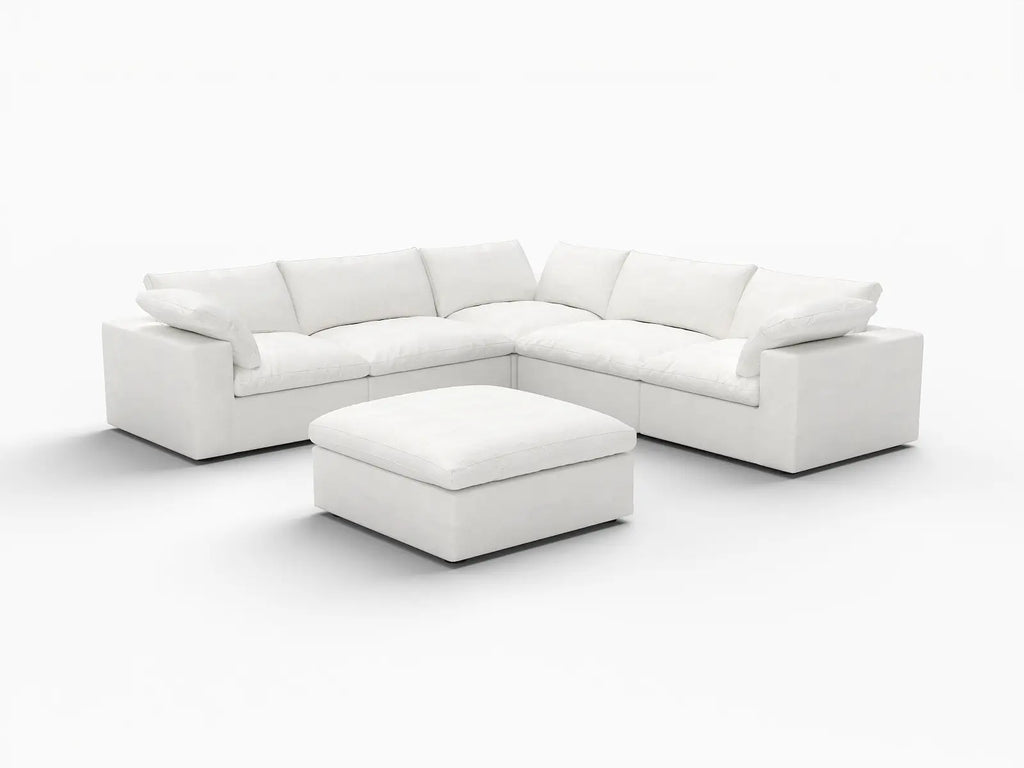 Deluxe Cloud 5-Seater White Storage Sofa Set | 6-Piece (includes 1 Ottoman), Cotton and Linen Fabric, Washable Covers