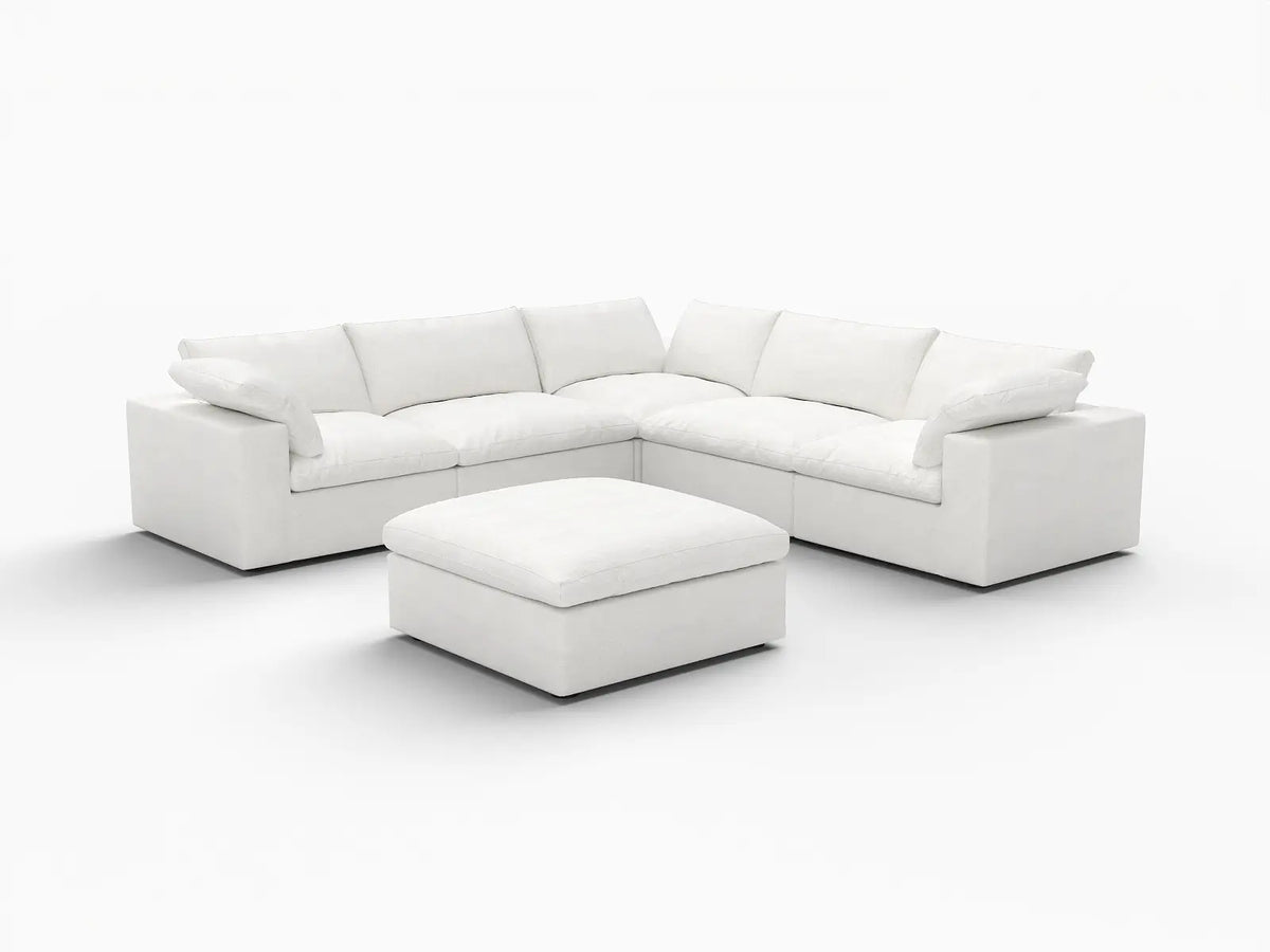 Deluxe Cloud 5-Seater White Storage Sofa Set | 6-Piece (includes 1 Ottoman), Cotton and Linen Fabric, Washable Covers