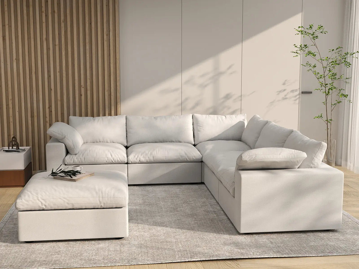 Deluxe Cloud 5-Seater White Storage Sofa Set | 6-Piece (includes 1 Ottoman), Cotton and Linen Fabric, Washable Covers
