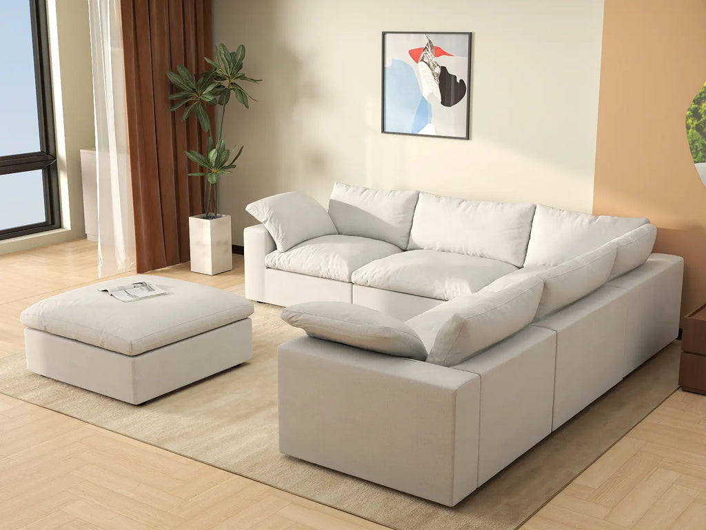 Deluxe Cloud 5-Seater White Storage Sofa Set | 6-Piece (includes 1 Ottoman), Cotton and Linen Fabric, Washable Covers