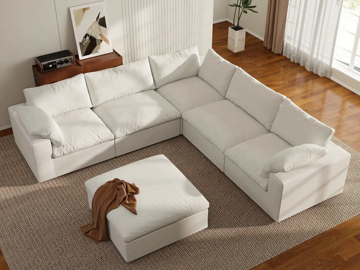 Deluxe Cloud 5-Seater White Storage Sofa Set | 6-Piece (includes 1 Ottoman), Cotton and Linen Fabric, Washable Covers