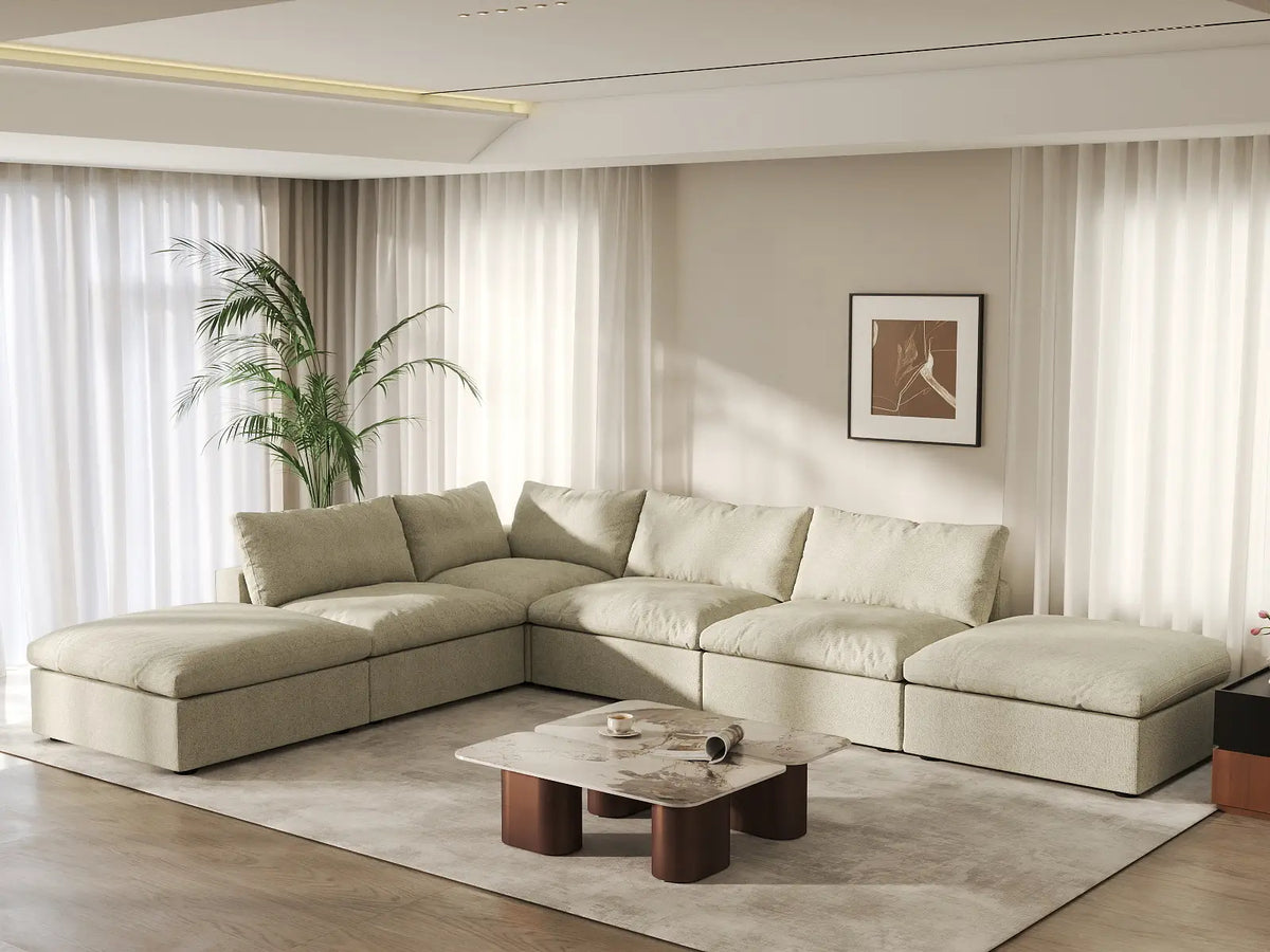 Deluxe Cloud 4-Seater Khaki Storage L-Shaped Sectional | 6-Piece (includes 2 Ottomans), Cotton and Linen Fabric, Washable Covers
