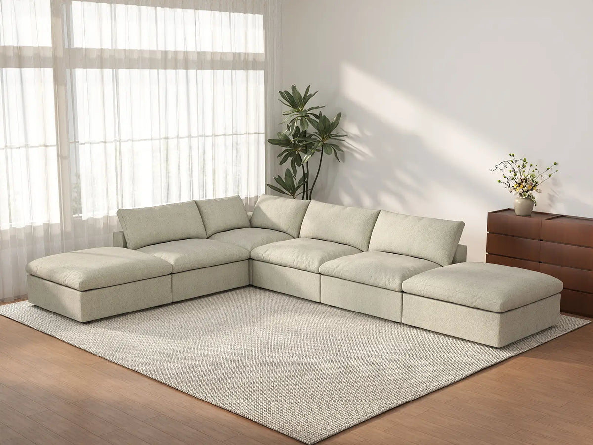 Deluxe Cloud 4-Seater Khaki Storage L-Shaped Sectional | 6-Piece (includes 2 Ottomans), Cotton and Linen Fabric, Washable Covers