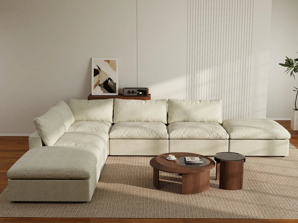 Deluxe Cloud 4-Seater Khaki Storage L-Shaped Sectional | 6-Piece (includes 2 Ottomans), Cotton and Linen Fabric, Washable Covers