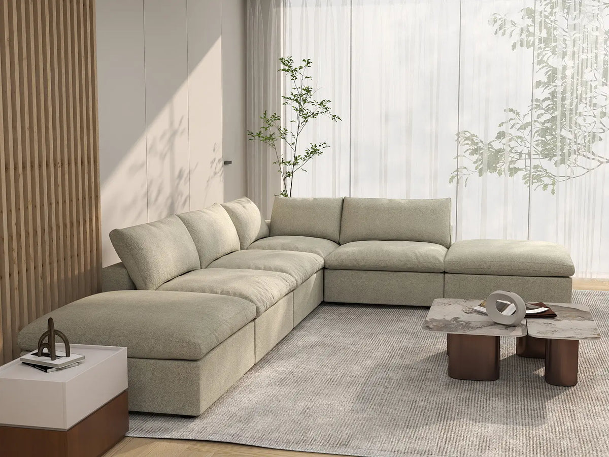 Deluxe Cloud 4-Seater Khaki Storage L-Shaped Sectional | 6-Piece (includes 2 Ottomans), Cotton and Linen Fabric, Washable Covers