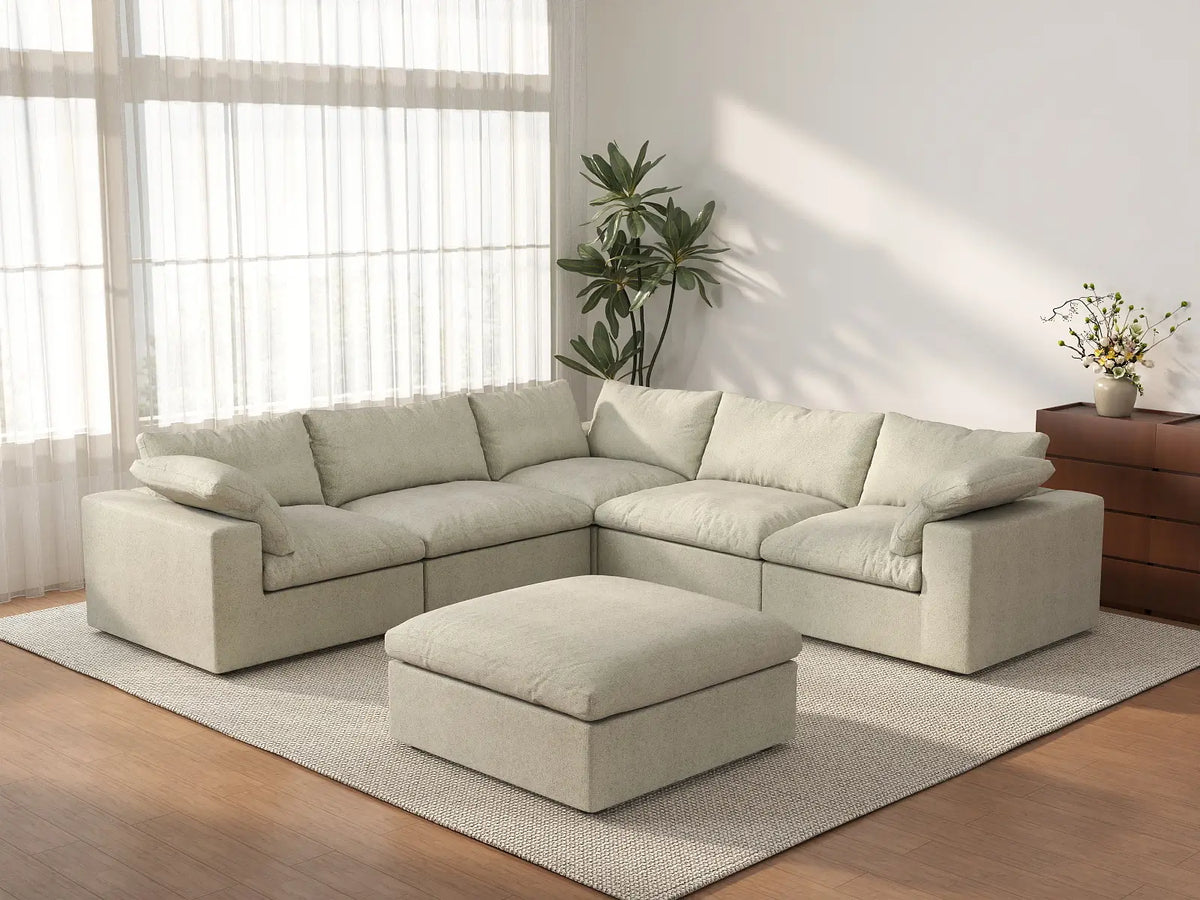 Deluxe Cloud 5-Seater Khaki Storage Sofa Set | 6-Piece (includes 1 Ottoman), Cotton and Linen Fabric, Washable Covers