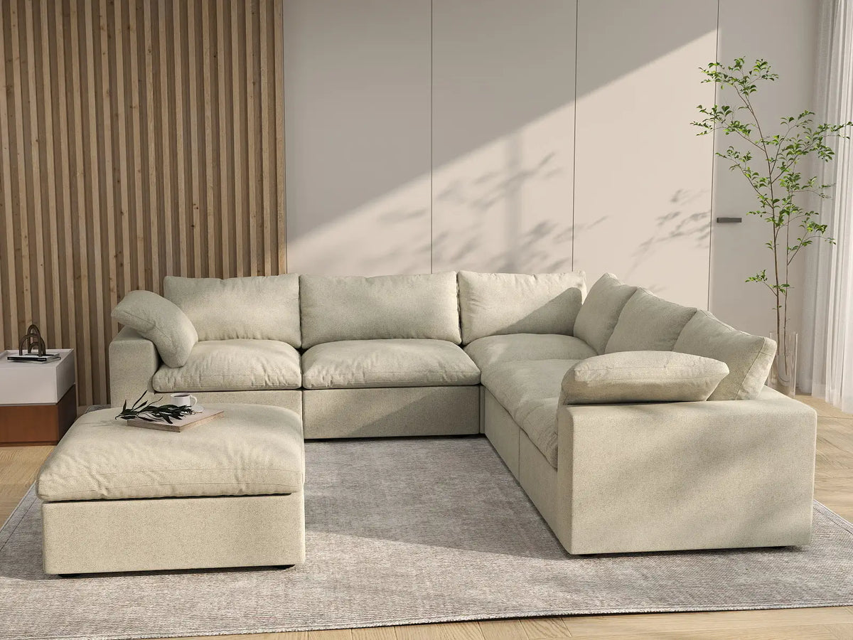 Deluxe Cloud 5-Seater Khaki Storage Sofa Set | 6-Piece (includes 1 Ottoman), Cotton and Linen Fabric, Washable Covers