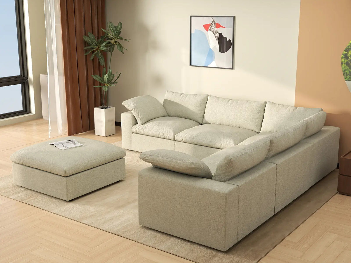 Deluxe Cloud 5-Seater Khaki Storage Sofa Set | 6-Piece (includes 1 Ottoman), Cotton and Linen Fabric, Washable Covers
