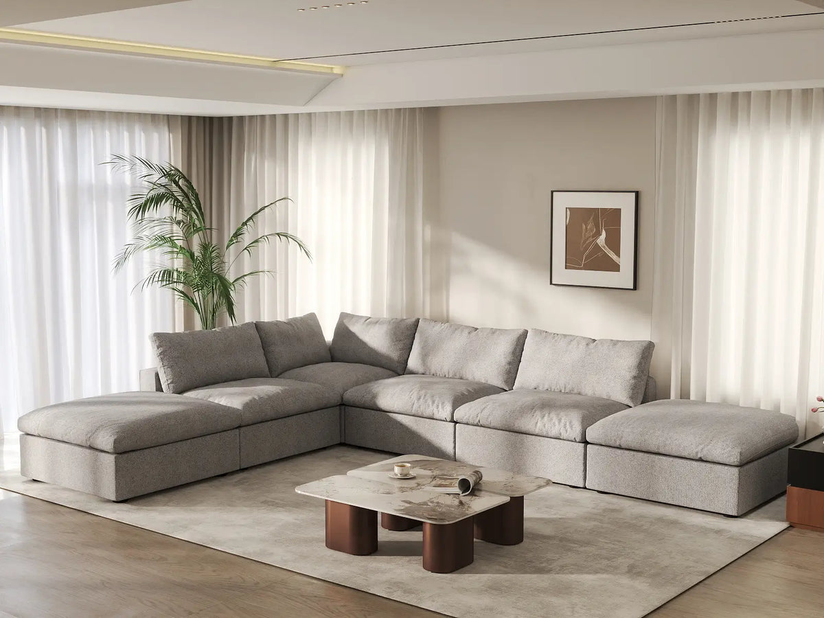 Deluxe Cloud 4-Seater Light-Grey Storage L-Shaped Sectional | 6-Piece (includes 2 Ottomans), Cotton and Linen Fabric, Washable Covers
