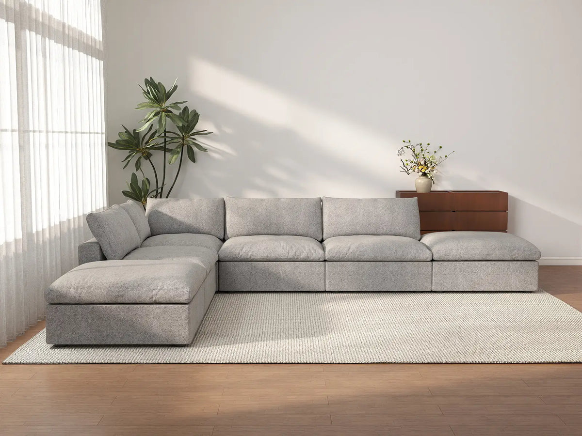 Deluxe Cloud 4-Seater Light-Grey Storage L-Shaped Sectional | 6-Piece (includes 2 Ottomans), Cotton and Linen Fabric, Washable Covers