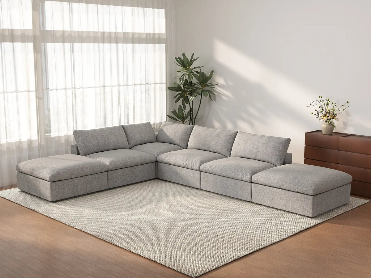 Deluxe Cloud 4-Seater Light-Grey Storage L-Shaped Sectional | 6-Piece (includes 2 Ottomans), Cotton and Linen Fabric, Washable Covers