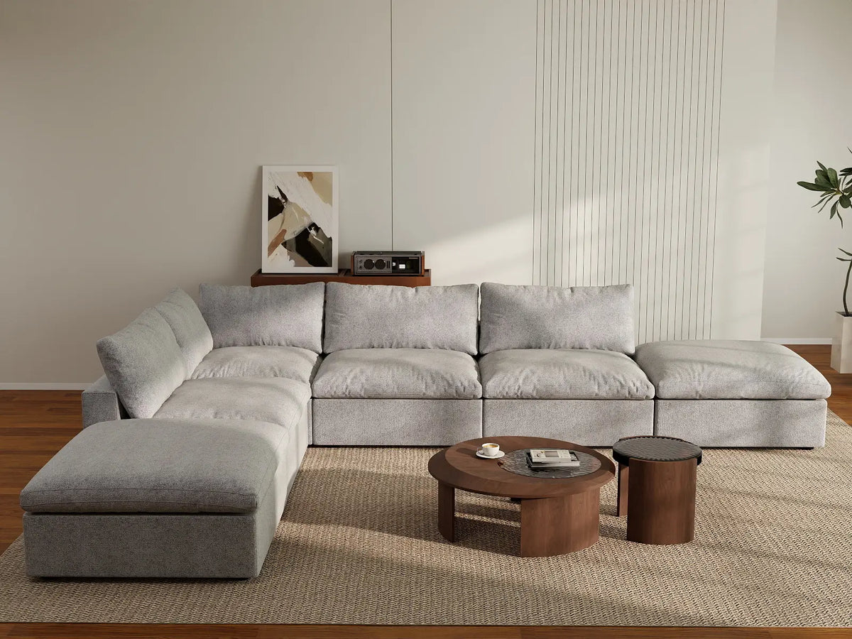Deluxe Cloud 4-Seater Light-Grey Storage L-Shaped Sectional | 6-Piece (includes 2 Ottomans), Cotton and Linen Fabric, Washable Covers