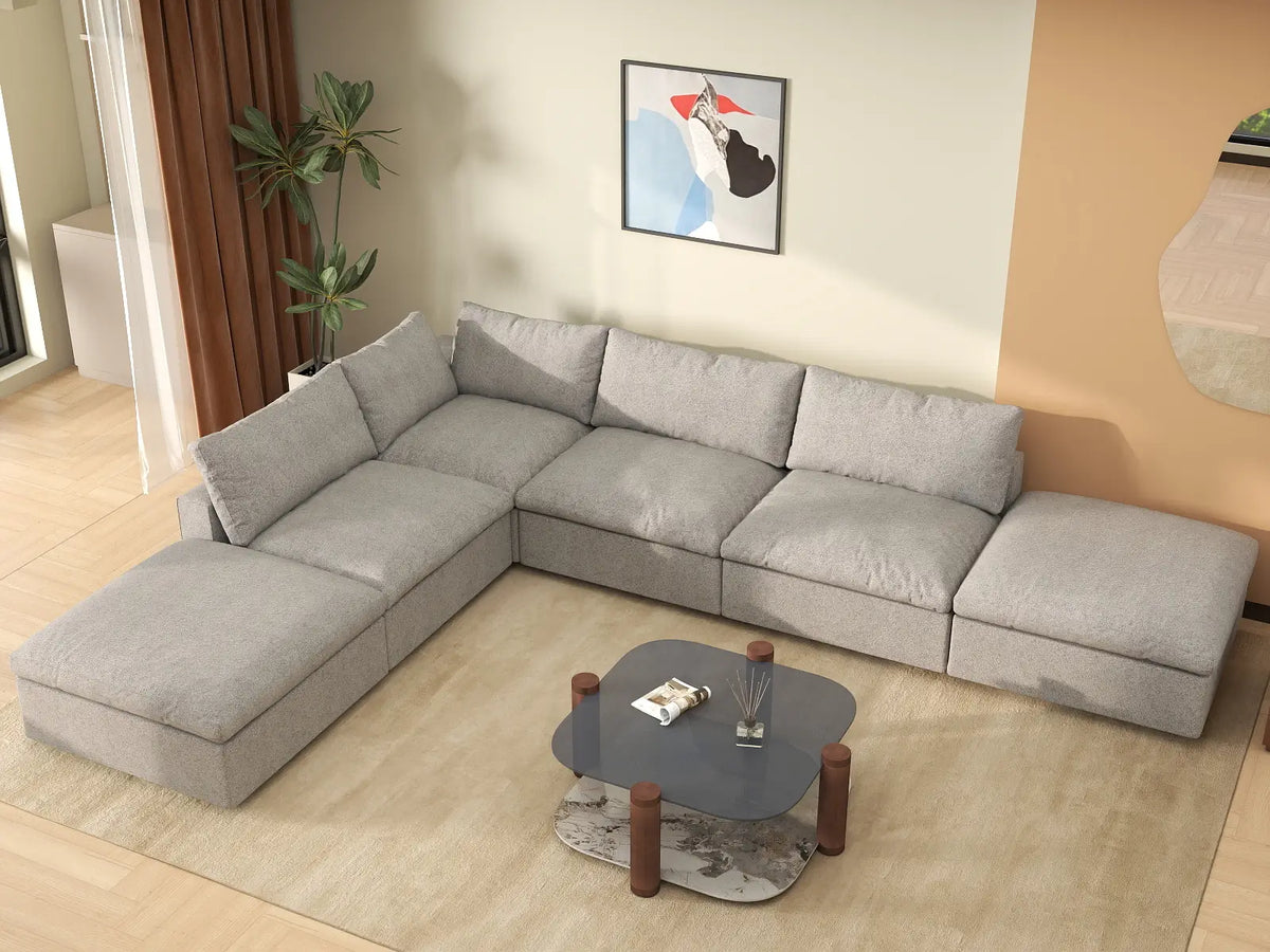 Deluxe Cloud 4-Seater Light-Grey Storage L-Shaped Sectional | 6-Piece (includes 2 Ottomans), Cotton and Linen Fabric, Washable Covers