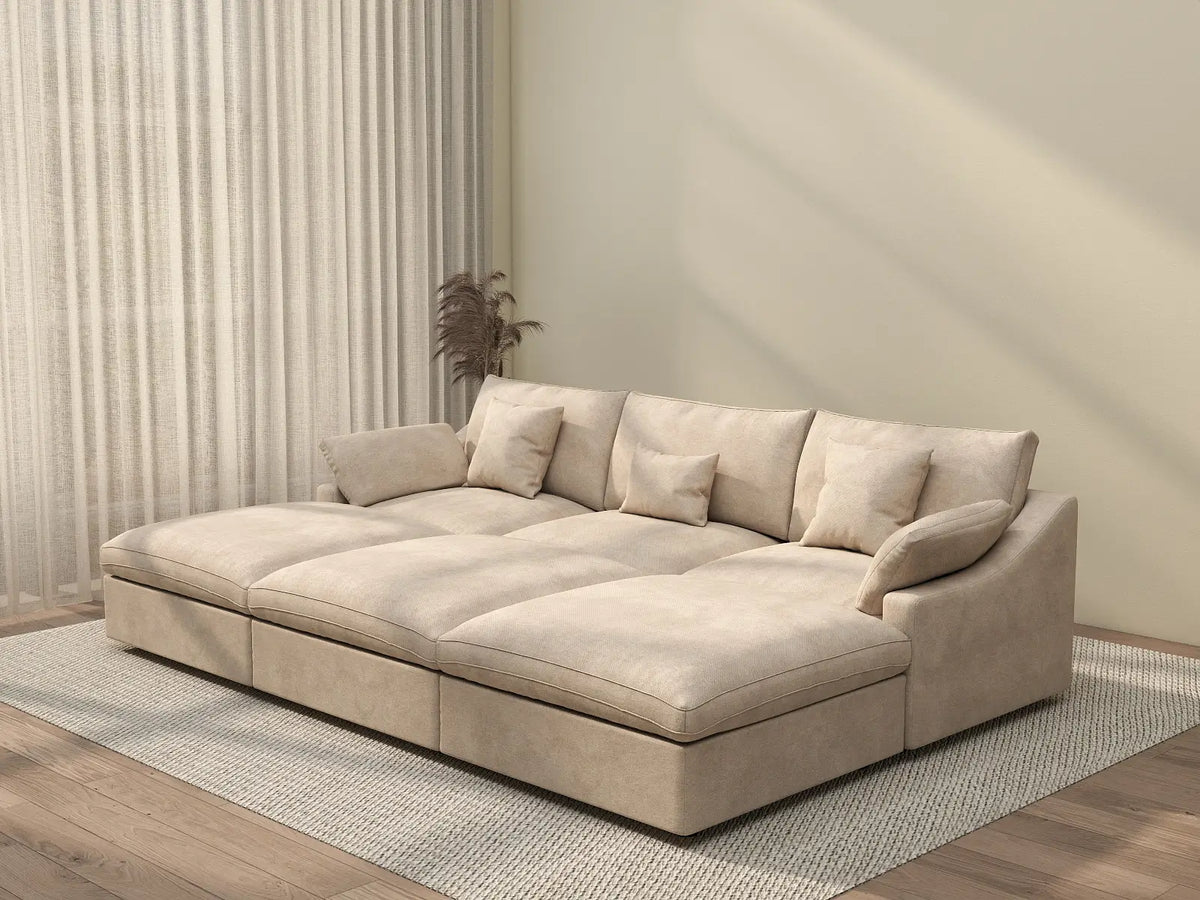 Deluxe Cloud 3-Seater Khaki Washable Pit Sectional | 6-Piece (includes 3 Ottomans), Chenille and Linen Fabric, Modular Design