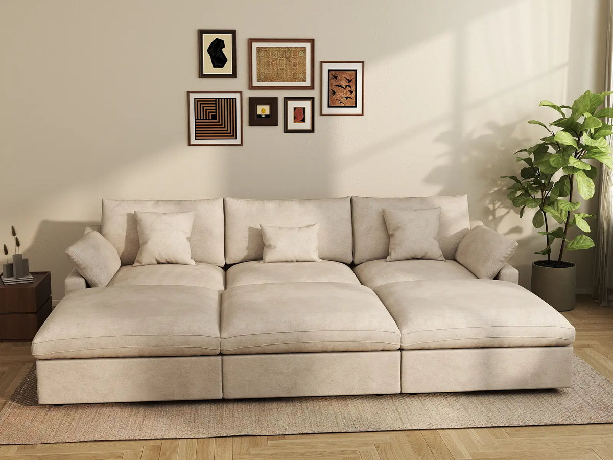 Deluxe Cloud 3-Seater Khaki Washable Pit Sectional | 6-Piece (includes 3 Ottomans), Chenille and Linen Fabric, Modular Design
