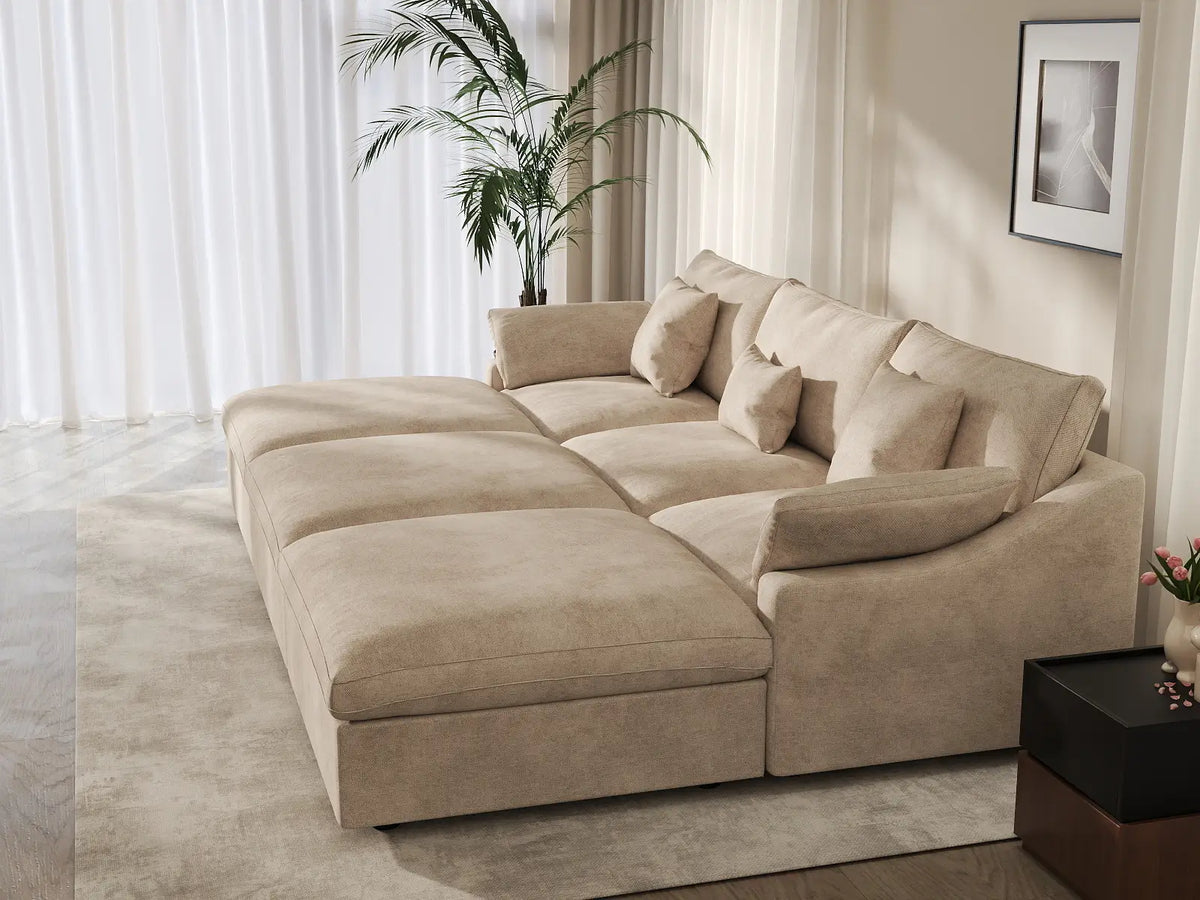 Deluxe Cloud 3-Seater Khaki Washable Pit Sectional | 6-Piece (includes 3 Ottomans), Chenille and Linen Fabric, Modular Design