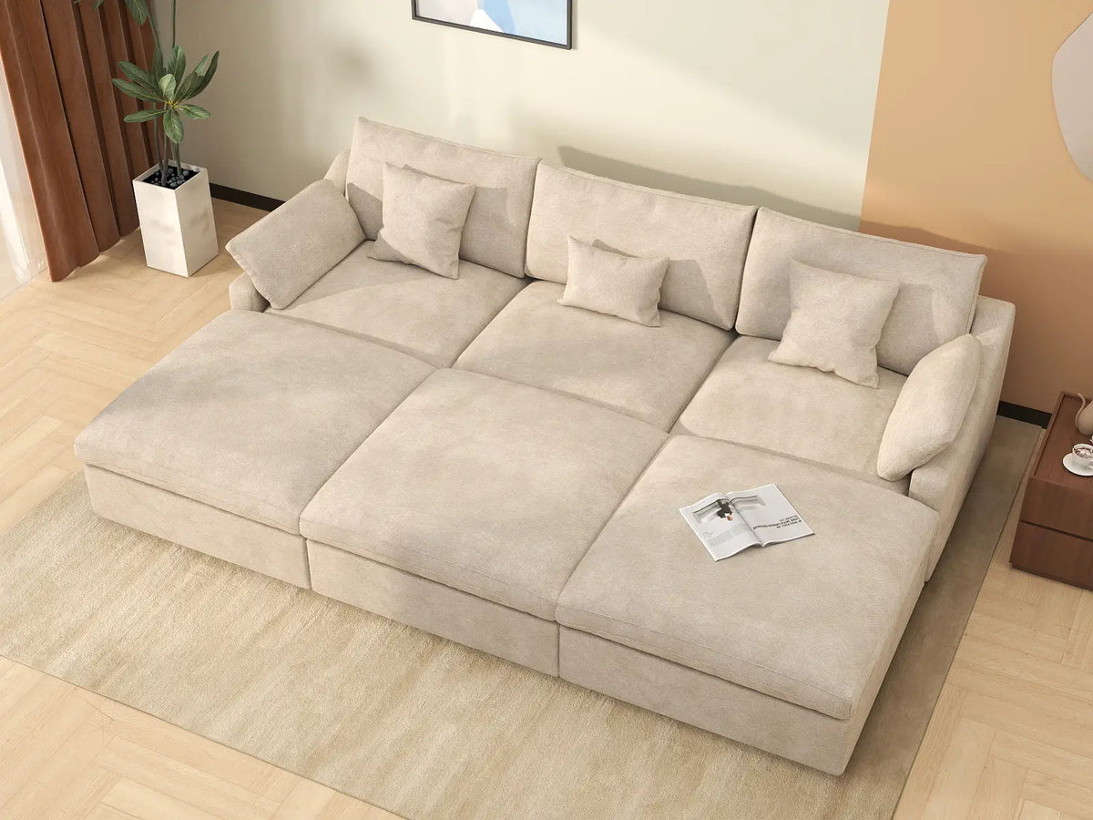 Deluxe Cloud 3-Seater Khaki Washable Pit Sectional | 6-Piece (includes 3 Ottomans), Chenille and Linen Fabric, Modular Design