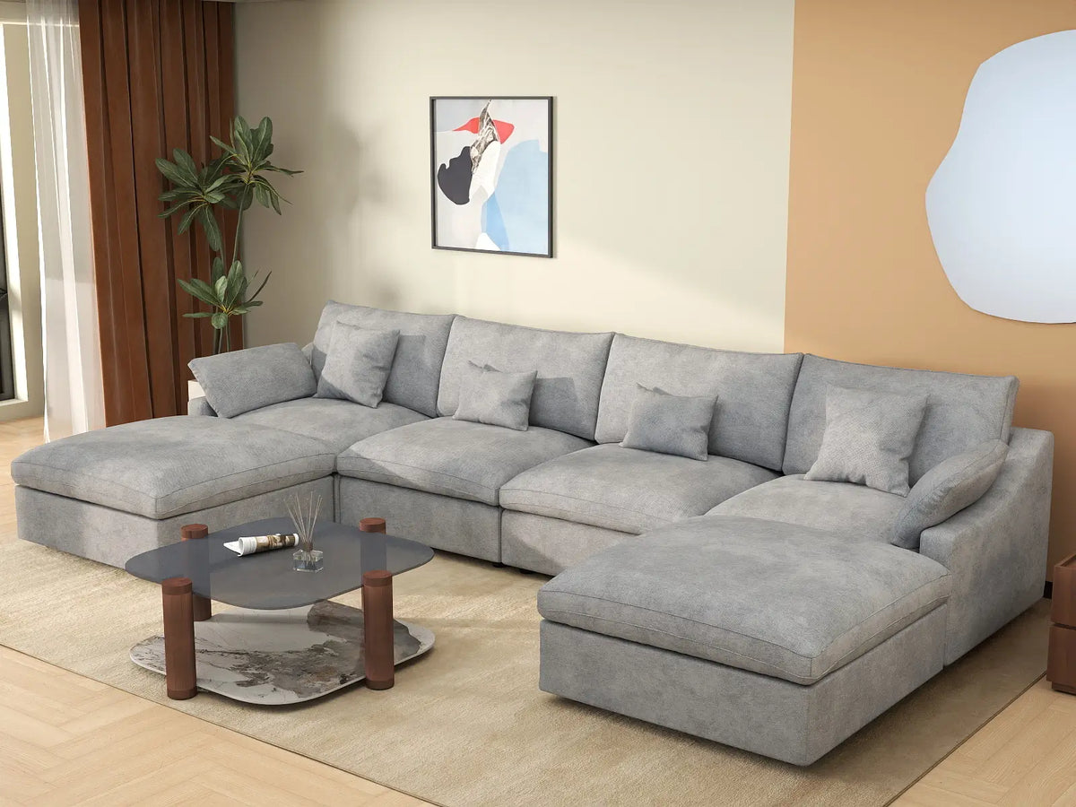 Deluxe Cloud 4-Seater Light-Grey Washable U-Shaped Sectional | 6-Piece (includes 2 Ottomans), Chenille and Linen Fabric, Modular Design